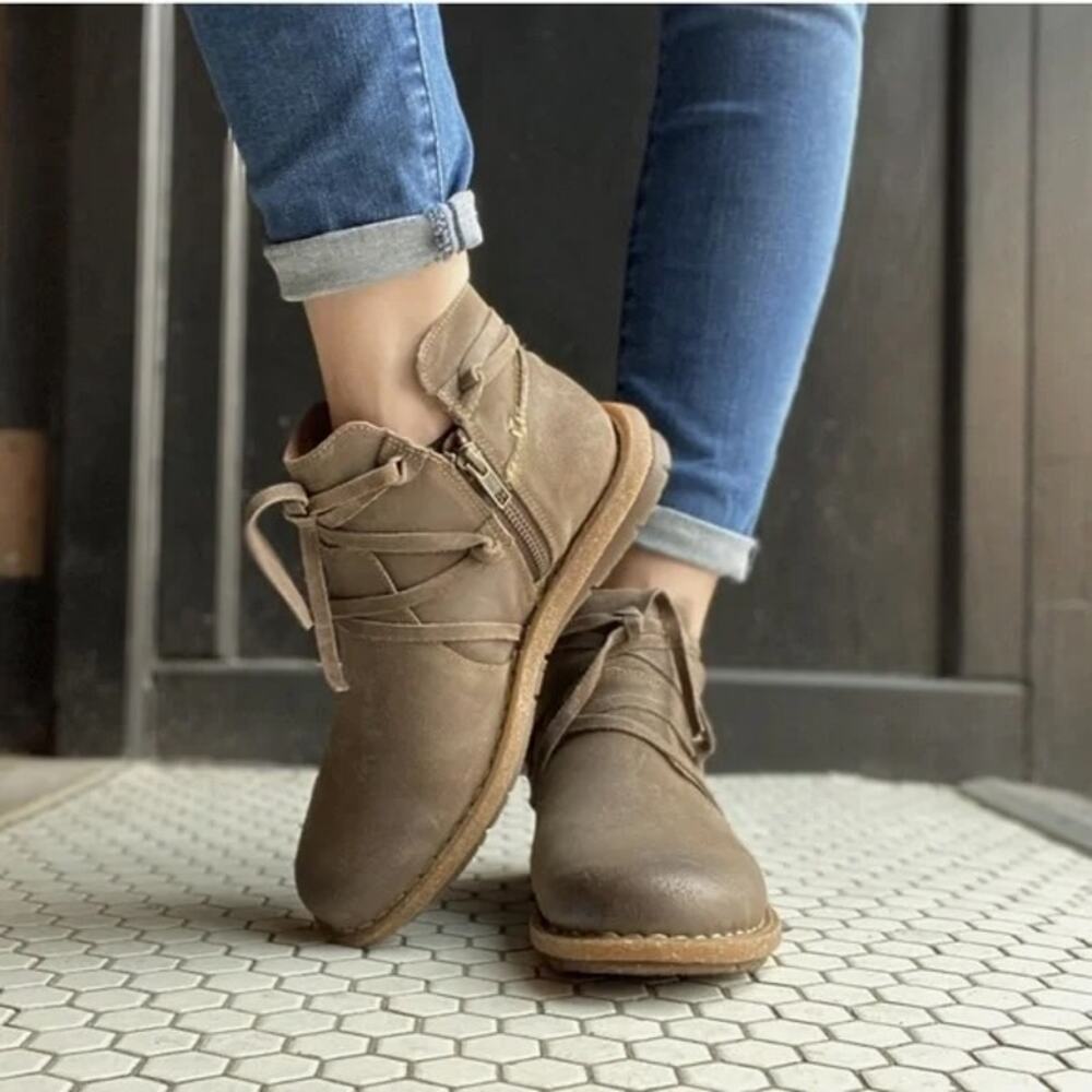 Born Taupe Brown Lace-Up Ankle Booties with Side Zipper